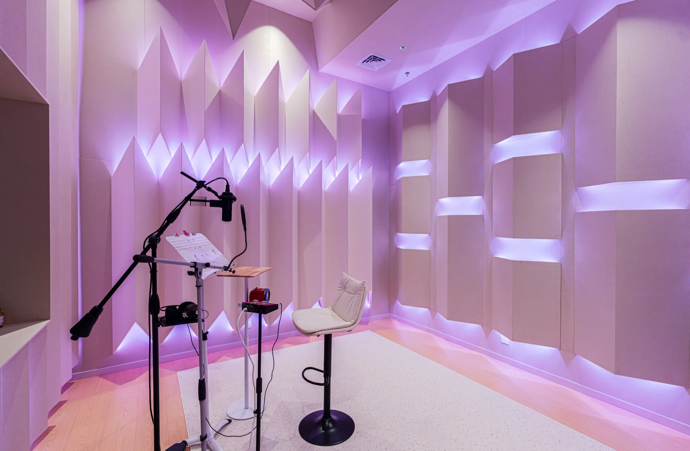粉色灯带状态下的 Recording Room R 录音空间